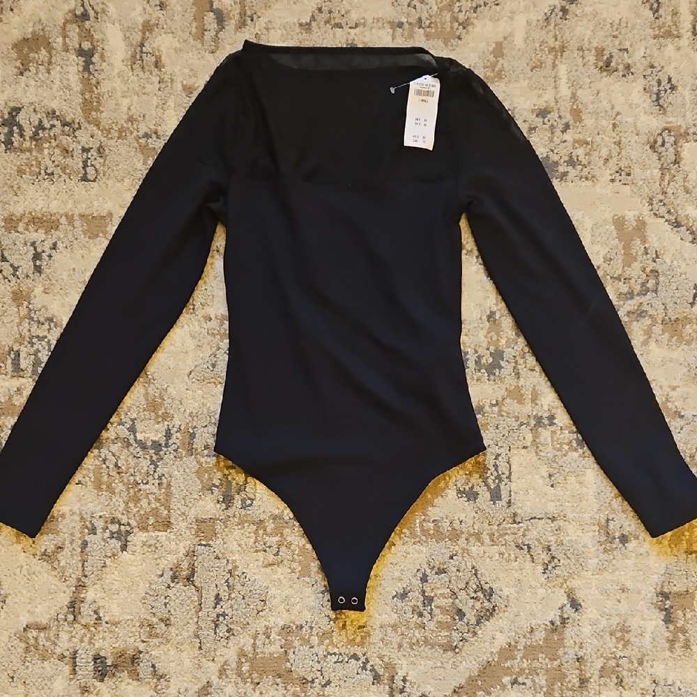Black Long Sleeve Bodysuit with Textured Fabric